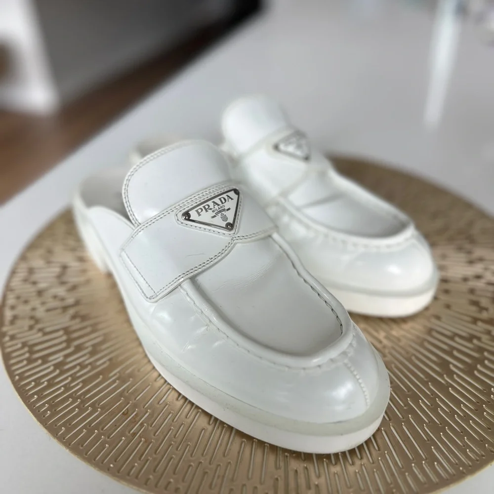 Prada White Leather Mule Loafers - Picture 2 of 6